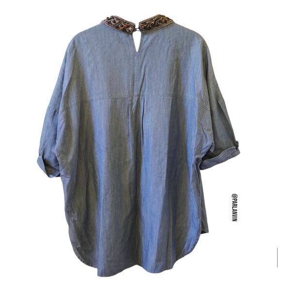 Abito Vintage Casual Denim Button Shirt Beaded Jacquard Collar Blue Small - Picture 2 of 10